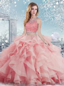 Baby Pink Scoop Neckline Beading and Ruffles Quinceanera Dresses Sleeveless Clasp Handle