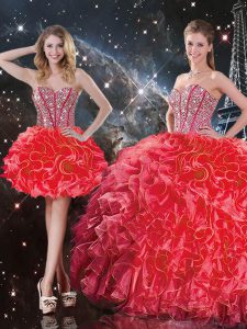 Extravagant Sweetheart Sleeveless Sweet 16 Dress Floor Length Beading and Ruffles Coral Red Organza