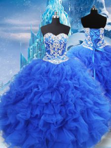 Blue 15th Birthday Dress Military Ball and Sweet 16 and Quinceanera with Beading and Ruffles Sweetheart Sleeveless Lace Up
