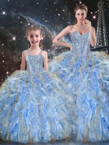 Amazing Light Blue Sleeveless Floor Length Beading and Ruffles Lace Up Quinceanera Dresses