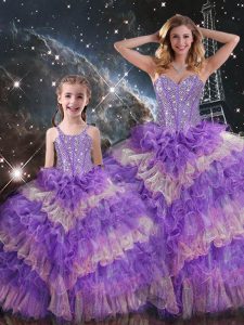 Customized Multi-color Sweet 16 Quinceanera Dress Military Ball and Sweet 16 and Quinceanera with Beading and Ruffled Layers and Sequins Sweetheart Sleeveless Lace Up