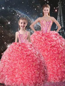 Floor Length Coral Red Quinceanera Gowns Organza Sleeveless Beading and Ruffles