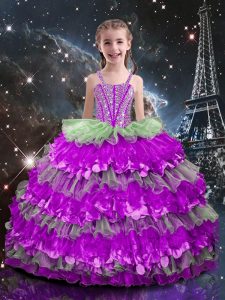 Fantastic Multi-color Organza Lace Up Kids Formal Wear Sleeveless Floor Length Beading and Ruffled Layers
