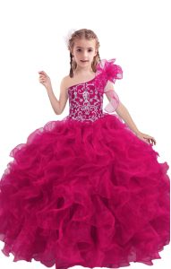 Low Price Floor Length Lace Up Pageant Dresses Fuchsia for Quinceanera and Wedding Party with Beading and Ruffles