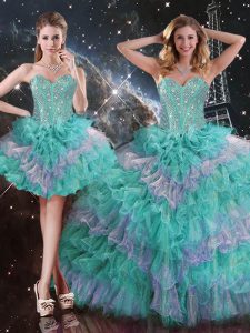 Best Organza Sweetheart Sleeveless Lace Up Beading and Ruffled Layers Quinceanera Gown in Multi-color
