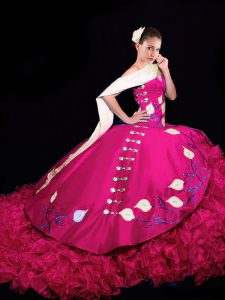 Amazing V-neck Sleeveless Brush Train Lace Up Quinceanera Dress Fuchsia Taffeta