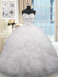 White Sleeveless Organza Brush Train Lace Up 15 Quinceanera Dress for Military Ball and Sweet 16 and Quinceanera