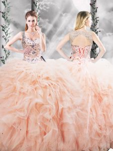 Flare Tulle Sleeveless Floor Length Quinceanera Gowns and Beading and Ruffles