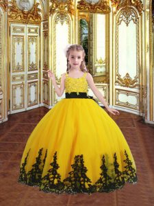 Spaghetti Straps Sleeveless Tulle Child Pageant Dress Lace and Appliques Zipper