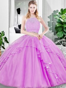 Flare Lilac Zipper Scoop Lace and Ruffled Layers Vestidos de Quinceanera Tulle Sleeveless