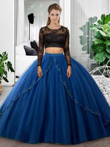 Great Blue Sweet 16 Dress Military Ball and Sweet 16 and Quinceanera with Lace and Ruching Scoop Long Sleeves Backless