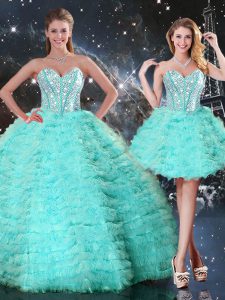 Beautiful Turquoise Ball Gowns Organza Sweetheart Sleeveless Beading and Ruffled Layers Floor Length Lace Up Sweet 16 Quinceanera Dress