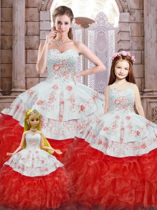 Stunning White And Red Sweetheart Neckline Beading and Appliques and Ruffles Quinceanera Dress Sleeveless Lace Up