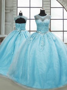 Fashionable Aqua Blue Lace Up Quinceanera Dress Beading Sleeveless Brush Train