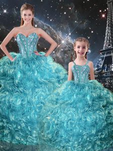 Aqua Blue Organza Lace Up Sweetheart Sleeveless Floor Length 15th Birthday Dress Beading and Ruffles