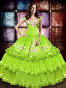 Amazing Floor Length Lace Up Ball Gown Prom Dress Yellow Green for Military Ball and Sweet 16 and Quinceanera with Embroidery and Ruffled Layers
