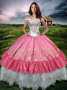 Hot Pink Off The Shoulder Lace Up Beading and Embroidery and Ruffled Layers Quinceanera Dress Sleeveless