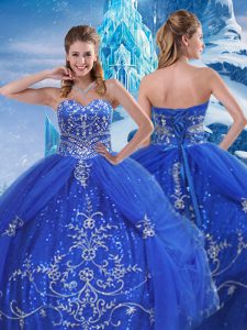Lovely Blue Ball Gowns Tulle Sweetheart Sleeveless Beading and Appliques Floor Length Lace Up Quinceanera Gown