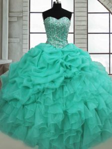 Fancy Floor Length Turquoise Quinceanera Gown Organza Sleeveless Beading and Ruffles and Pick Ups