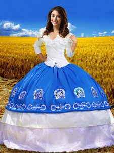 Exquisite Blue Lace Up Off The Shoulder Embroidery Vestidos de Quinceanera Taffeta 3 4 Length Sleeve