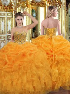 Orange Sweetheart Neckline Beading and Ruffles Ball Gown Prom Dress Sleeveless Lace Up
