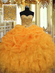 Customized Orange Lace Up Sweetheart Beading and Ruffles 15 Quinceanera Dress Organza Sleeveless
