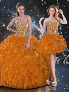 Cute Rust Red Sleeveless Floor Length Beading and Ruffles Lace Up Quince Ball Gowns