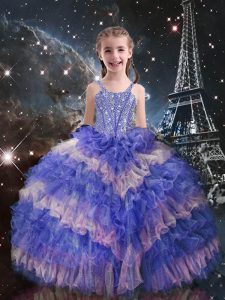 Organza Straps Sleeveless Lace Up Beading and Ruffled Layers Girls Pageant Dresses in Lilac