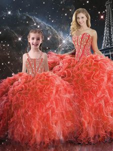 Best Floor Length Lace Up Sweet 16 Quinceanera Dress Coral Red for Military Ball and Sweet 16 and Quinceanera with Beading and Ruffles