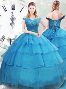 Low Price Lace Up Quinceanera Gown Baby Blue for Military Ball and Sweet 16 and Quinceanera with Beading and Ruffled Layers Brush Train