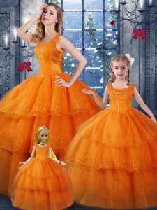 Ball Gowns Quinceanera Dresses Orange Straps Organza Sleeveless Floor Length Lace Up
