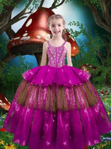 Adorable Sleeveless Lace Up Floor Length Beading and Ruffled Layers Pageant Dress for Teens
