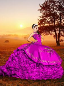 Fuchsia Sleeveless Organza Brush Train Lace Up Quinceanera Gowns for Military Ball and Sweet 16 and Quinceanera