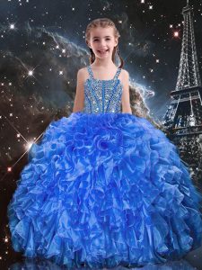 Floor Length Blue Pageant Dress Organza Sleeveless Beading and Ruffles