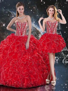 Wine Red Sweet 16 Dress Military Ball and Sweet 16 and Quinceanera with Beading and Ruffles Sweetheart Sleeveless Lace Up