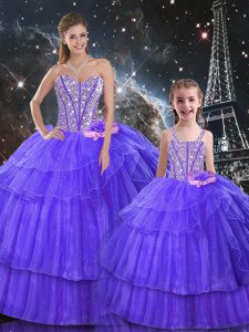 Floor Length Lace Up Quinceanera Gowns Purple for Military Ball and Sweet 16 and Quinceanera with Ruffled Layers and Sequins