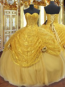 Custom Made Floor Length Gold Sweet 16 Quinceanera Dress Sweetheart Sleeveless Lace Up