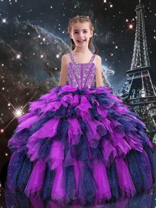 Floor Length Lace Up Kids Formal Wear Eggplant Purple for Quinceanera and Wedding Party with Beading and Ruffles