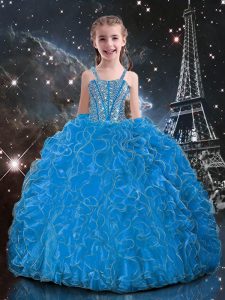 Baby Blue Ball Gowns Beading and Ruffles Pageant Dresses Lace Up Organza Sleeveless Floor Length