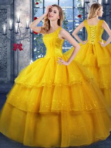Affordable Gold Sweet 16 Dress Military Ball and Sweet 16 and Quinceanera with Ruffled Layers Straps Sleeveless Lace Up