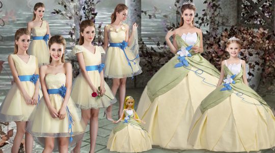 Light Yellow Quinceanera Dress Military Ball and Sweet 16 and Quinceanera with Hand Made Flower Scalloped Sleeveless Lace Up