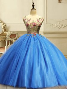 Baby Blue Tulle Lace Up Scoop Sleeveless Floor Length Quinceanera Dress Appliques and Sequins