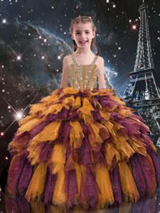 Eye-catching Orange Tulle Lace Up Little Girl Pageant Gowns Sleeveless Floor Length Beading and Ruffles
