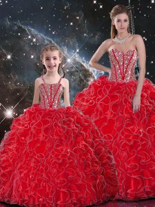 Vintage Organza Sweetheart Sleeveless Lace Up Beading and Ruffles 15 Quinceanera Dress in Wine Red