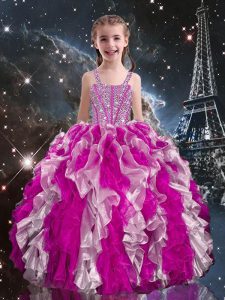 Floor Length Lace Up Pageant Dress for Girls Fuchsia for Quinceanera and Wedding Party with Beading and Ruffles