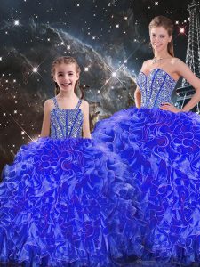 Exceptional Blue Sleeveless Organza Lace Up 15 Quinceanera Dress for Military Ball and Sweet 16 and Quinceanera