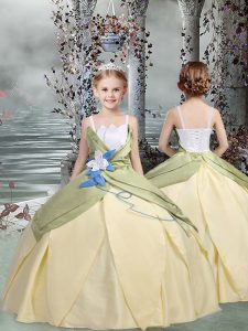 Affordable Champagne Ball Gowns Spaghetti Straps Sleeveless Taffeta Floor Length Lace Up Ruching and Hand Made Flower Glitz Pageant Dress