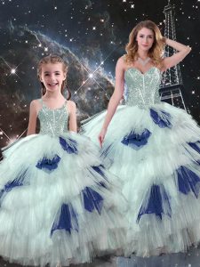 Blue And White Ball Gowns Organza Sweetheart Sleeveless Beading and Ruffled Layers Floor Length Lace Up Quinceanera Dress