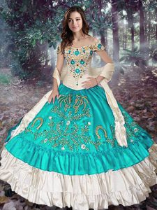 Glamorous Sleeveless Floor Length Embroidery and Ruffled Layers Lace Up Sweet 16 Quinceanera Dress with Blue And White