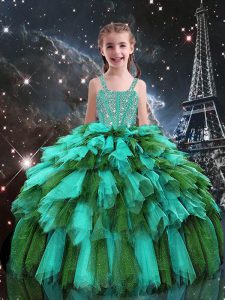 Turquoise Sleeveless Floor Length Beading and Ruffles Lace Up Little Girls Pageant Gowns